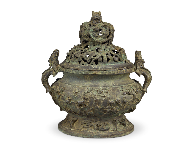 明  銅制鶴鹿同春雙龍耳大香薰