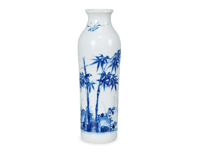 清順治  青花竹石小鳥紋筒瓶